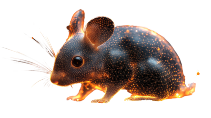 Cosmic Mouse: An artistic portrayal of a mouse with a dark body is illuminated with radiant, golden speckles, giving the impression of a galaxy embodied in this tiny creature. 
