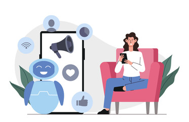 Social network bot. Woman communicate with internet bot. Artificial Intelligence and machine learning. Virtual helper and assistant. Online dialogue and conversation. Flat vector illustration