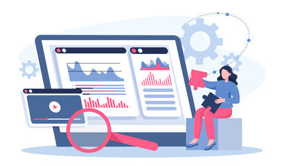 Competitor analysis online. Woman with magnifying glass analyzes graphs and diagrams. Statistics and infographics, data visualization. Analyst with charts. Flat vector illustration