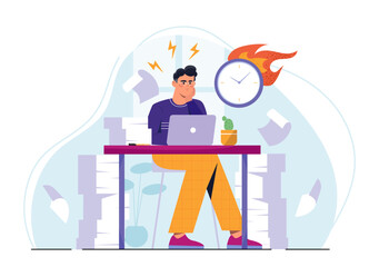 Stress at work. Man sits at his workplace near stacks of documents and burning clock. Overworked employee with emotional burnout. Bad time management, deadline pressure. Flat vector illustration