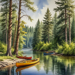 Obraz premium watercolor illustration Depict the peaceful ambiance of Grayling, known for its proximity to the Au Sable River. 