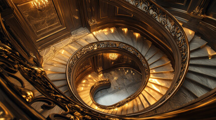 Obraz premium Elegant spiral staircase with intricate metal railings and warm lighting in luxurious interior with marble steps