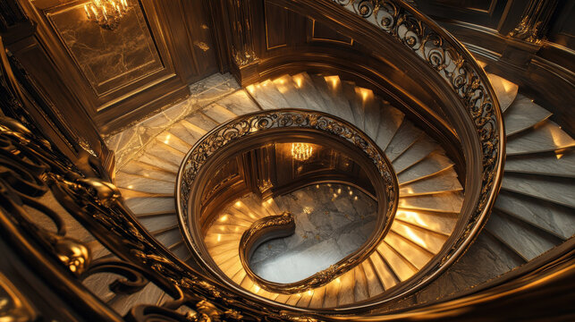 Elegant spiral staircase with intricate metal railings and warm lighting in luxurious interior with marble steps