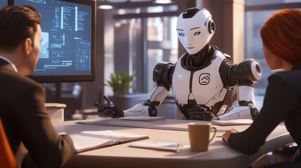 Futuristic robot engages in business meeting with professionals in modern office setting, ai technology revolutionizing corporate interactions