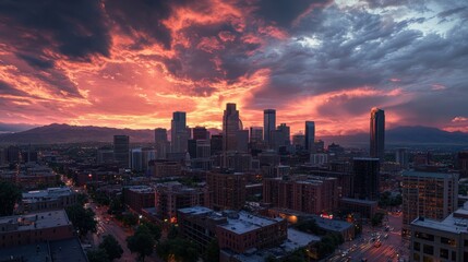 Fototapeta premium Denver Skyline at Sunset: A Dramatic Cityscape