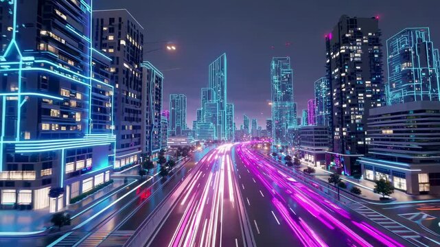 Light trails weave through neon-bathed metropolis. Glowing skyscrapers frame geometric patterns against night sky. Static wide composition.