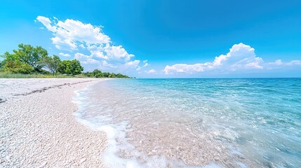 Obraz premium Sunny beach, clear water, trees, summer vacation