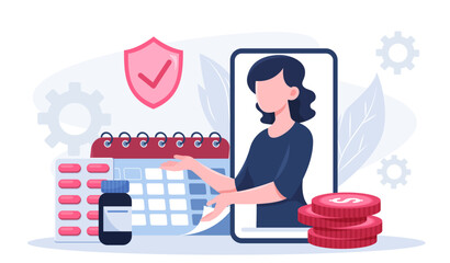 Employee benefits concept. Woman with medicines near calendar and stack of coins. Social compensation for workers and employees. Life protection. Flat vector illustration
