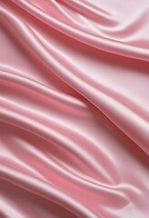 Closeup of luxurious, pink satin fabric with soft, flowing drapes and elegant folds. The smooth texture and subtle sheen are prominent