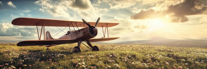 Vintage biplane rests on a grassy field with vibrant flowers under a beautiful sunny sky. Generative AI