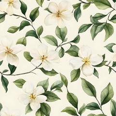 Watercolor Floral Seamless Pattern  White Flowers  Green Leaves