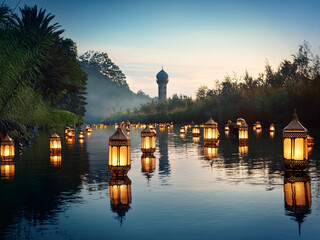 Enchanted River: Hundreds of glowing lanterns float serenely on a calm river at dusk, their warm...