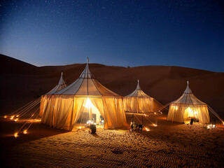 Desert Night Luxury:  Three opulent desert tents illuminate the night under a starlit sky, promising a unique and luxurious escape in the vast expanse of the Sahara. © MDF