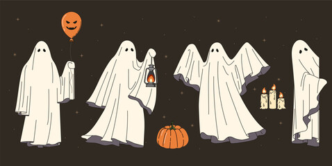 Set of ghosts. Spirits with pumpkins. International holiday of fear and horror. Spooky and scary characters. Social media stickers. Flat vector collection