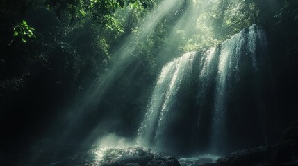 Sunbeams illuminate jungle waterfall, serene nature scene, travel backdrop