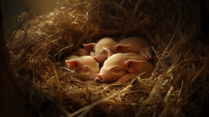 Three Newborn Piglets Sleeping Peacefully In Hay Nest