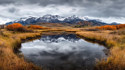 Autumnal mountain reflection in tranquil stream
