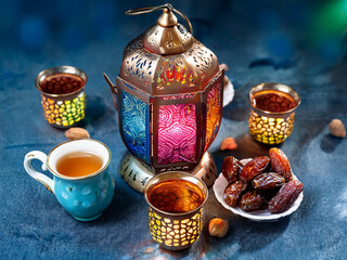 Colorful glass lanterns surrounded by dates and tea cups.