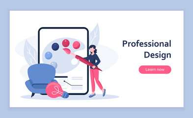 Industrial designer poster. Woman with paintbrush and palette. Creativity and art. Talented designer choose color for furniture. Landing webpage design. Flat vector illustration