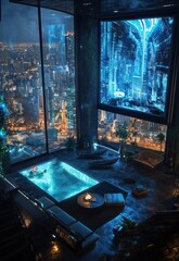 Futuristic penthouse, city view, indoor pool, night