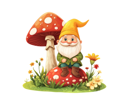 Cheerful Gnome Sitting by Colorful Mushroom