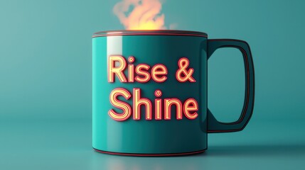 Vibrant Coffee Mug with the Message "Rise and Shine" on Teal Background