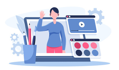 Make up artist online. Woman on tablet screen. Makeup courses and master classes on internet. Beauty, aesthetics and elegance. Skincare and beauty procedures. Flat vector illustration