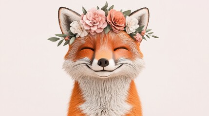 Obraz premium Adorable Smiling Fox with Floral Crown on White Background
