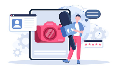 Media relations online. Man with huge microphone near smartphone. Public relations and marketing. Press conference and press release. Promoting company on Internet. Flat vector illustration