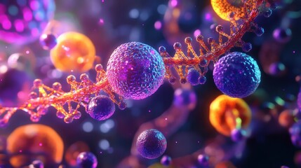 Abstract 3D Render of Colorful Spheres Connected by a Glowing Structure