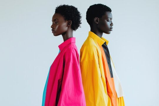 Bold color block fashion in a minimalist studio, with models in vibrant contrasting colors against a stark white background.