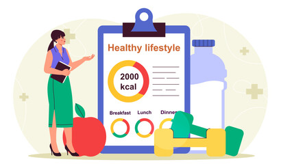 Woman nutritionist concept. Young girl near huge apple, bottle of milk and dumbbells. Active lifestyle and sports. Proper diet and nutrition, healthy eating. Flat vector illustration