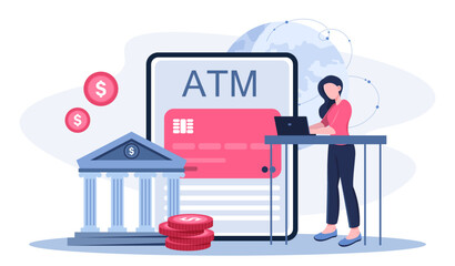 Woman with online bank. Young girl with laptop near bank building and bank card. Cashless transfers and transactions. Digital money and electronic wallet. Flat vector illustration