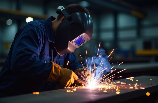welder in protective mask welds metal at factory, metal construction concept