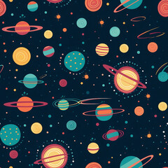 A colorful space scene with many planets and stars