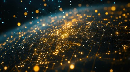 Abstract Network of Golden Lights Against a Dark Background