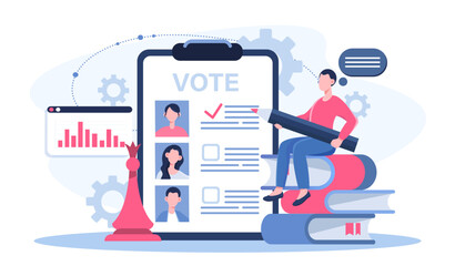 Man votes online. Young guy with pencil sits on stack of books and ticks candidate. Freedom of choice and democracy. Elections and referendum. Political campaign. Flat vector illustration