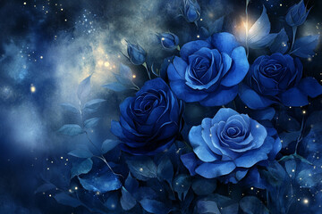 Beautiful blue roses against a cosmic background with a starry atmosphere in a floral composition