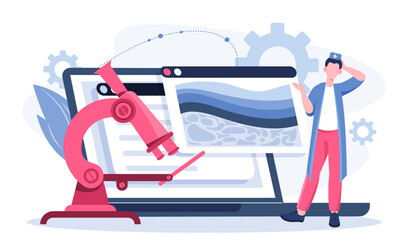 Professional oncologist online. Man in medical uniform near microscope. Doctor examines structure of skin. Scientific research in laboratory. Diagnosis and treatment. Flat vector illustration