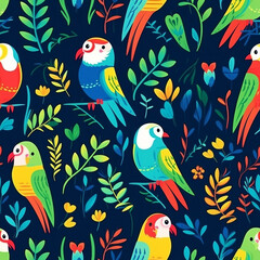 Fototapeta premium A colorful pattern of birds is displayed on a blue background