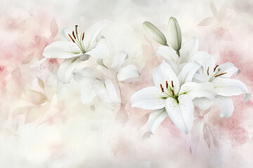 Elegant white lilies bloom softly against a pastel background in a tranquil floral arrangement during springtime