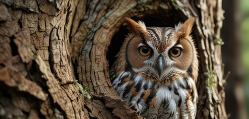 Eastern screech owl's face peeking out of a knothole in a tree trunk, owl, forest