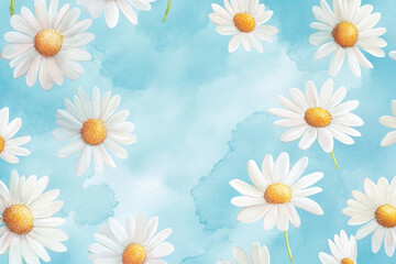 Obraz premium Bright daisies scattered over a serene blue background create a fresh and uplifting atmosphere