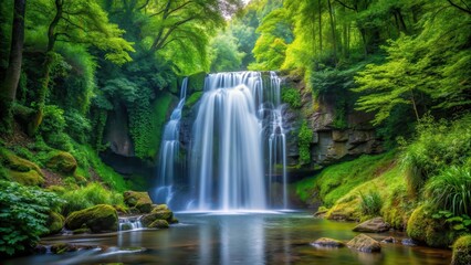 Obraz premium waterfall in dense forest amidst trees and green foliage, serene waterfall