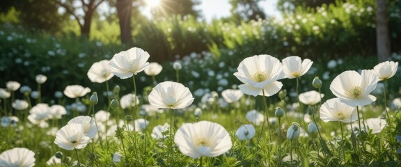 Elegant photography backdrop with white poppies blooming in a serene garden, backdrop, poppies, flowers