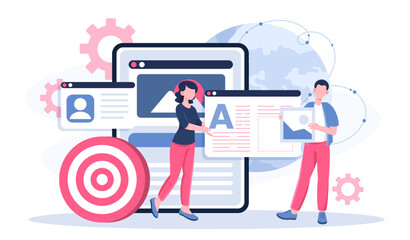 Search engine marketing. Man and woman developing content for website page. Team of SMM, SEO specialists and copywriters working on common project. Flat vector illustration