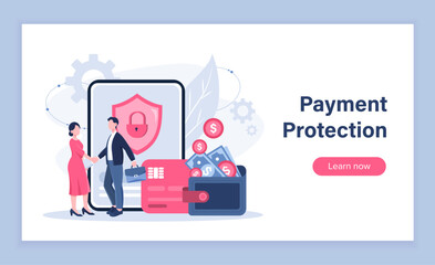 Payment protection poster. Woman and man shaking hands near bank card and smartphone. Digital money and electronic wallet protection. Landing webpage design. Flat vector illustration
