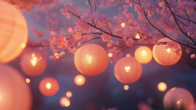 桜と提灯が飾る中国の春節の風景
