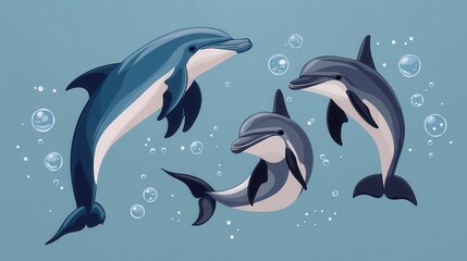 Fototapeta premium Playful Dolphins Swimming in Clear Blue Water with Bubbles