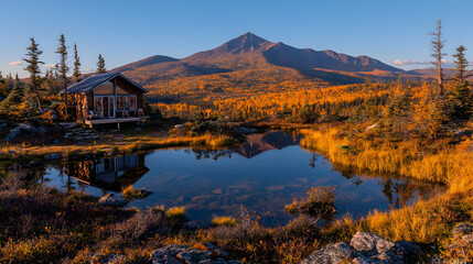 Autumn cabin reflection mountain lake